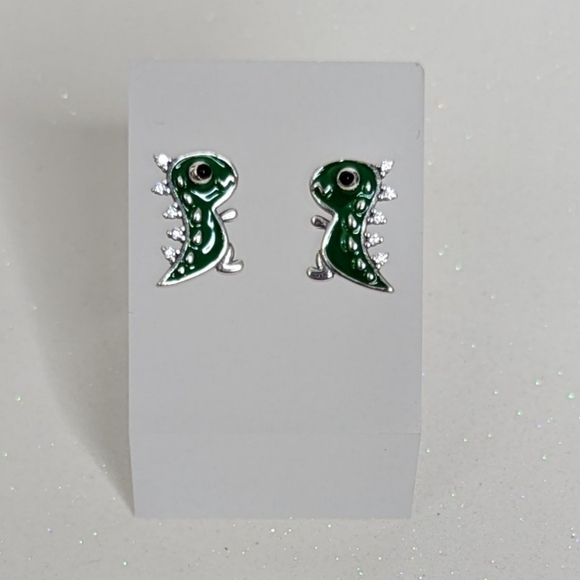 Tyrannosaurus T-Rex Green Stud Earrings 925 Sterling Silver - Picture 6 of 6